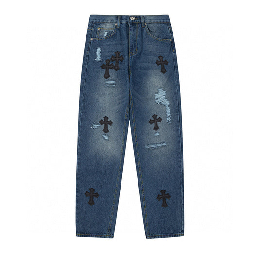 CHROME HEARTS BLACK CROSS PATCH JEANS DENIM