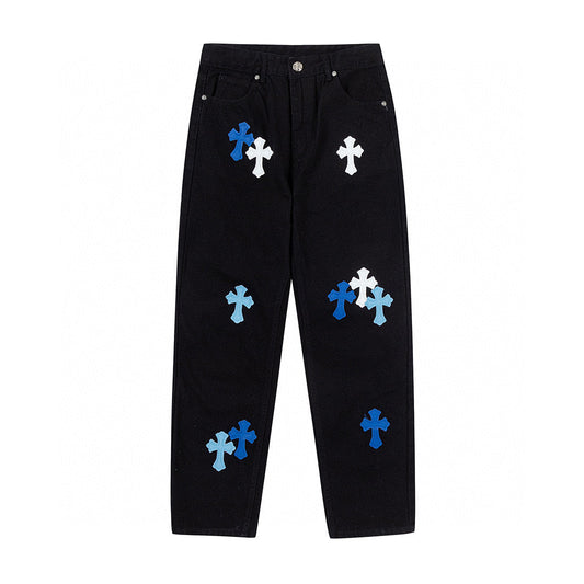 CHROME HEARTS BLUE CROSS PATCH JEANS BLACK