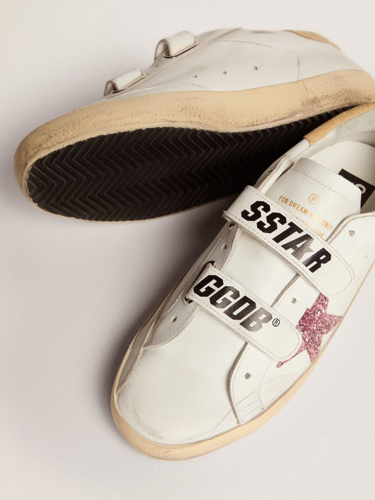 Old School Sneakers With Pink Glitter Star And Sand-colored Suede Heel Tab