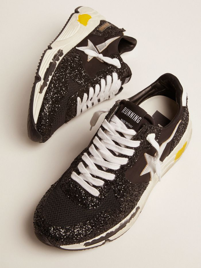 Running Sole Sneakers In Black Nylon And Glitter With Silver Laminated Leather Star