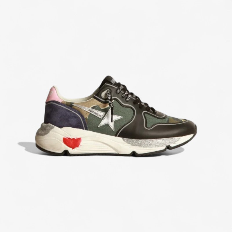 Running Sole Sneakers In Camouflage Canvas With Silver Laminated Leather Star And Baby-pink Leather