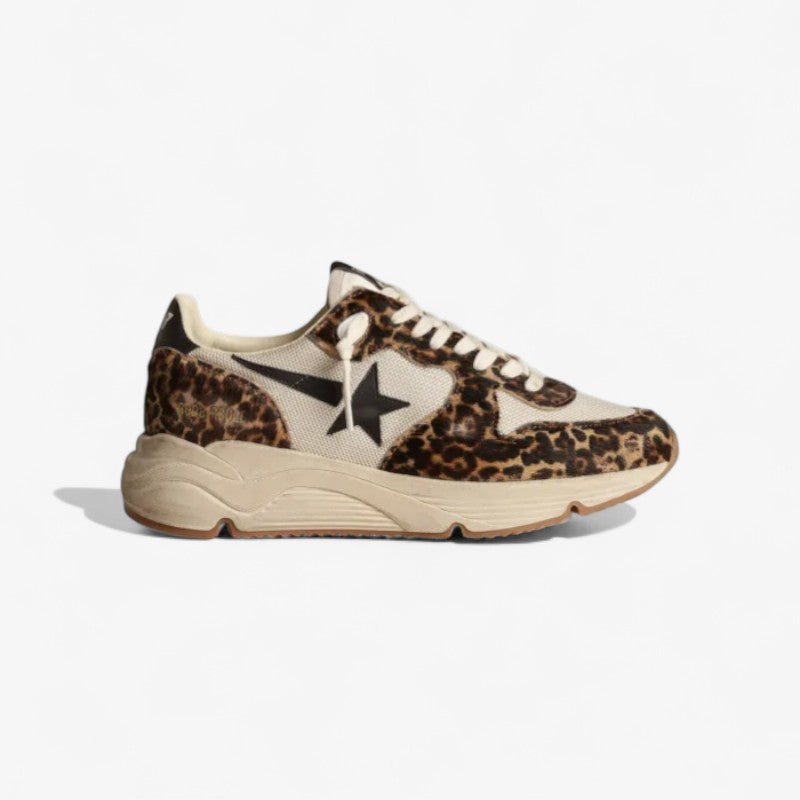 Running Sole Sneakers In Cream-colored Mesh With Leopard-print Pony Skin Inserts And Black Leather
