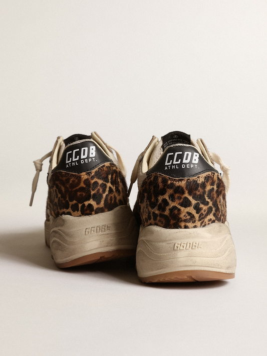 Running Sole Sneakers In Cream-colored Mesh With Leopard-print Pony Skin Inserts And Black Leather