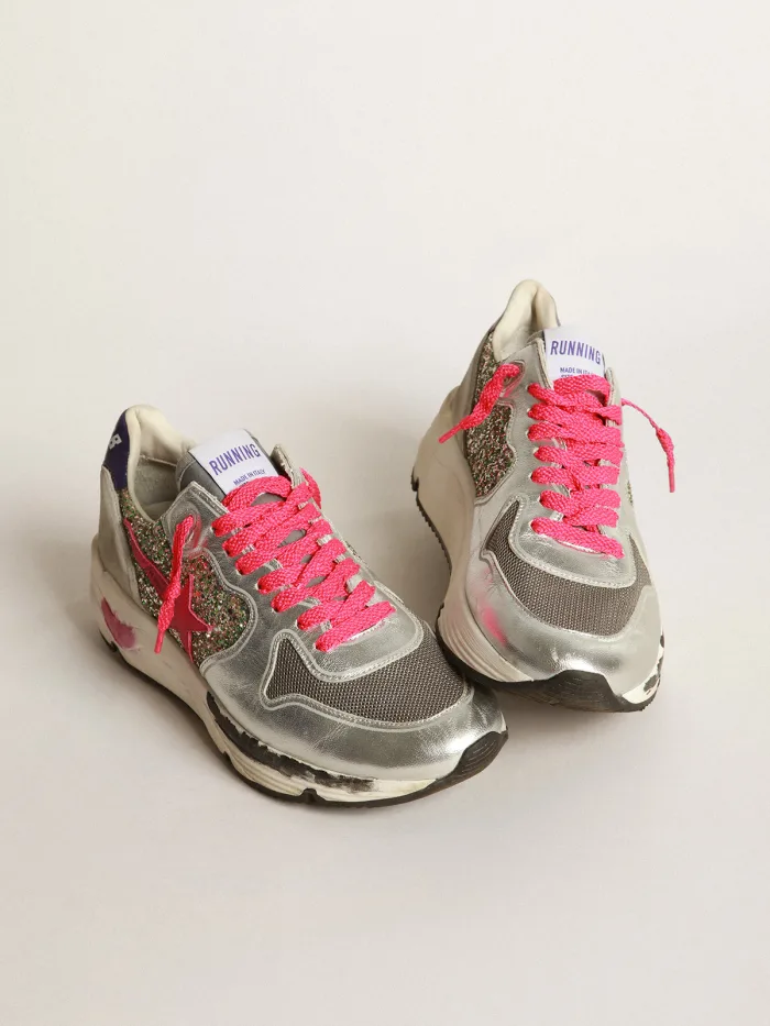 Running Sole Sneakers In Metallic Leather And Glitter