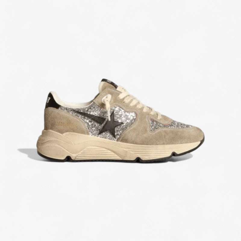 Running Sole Sneakers in Silver Glitter and Dove-gray Suede With Black Leather Star