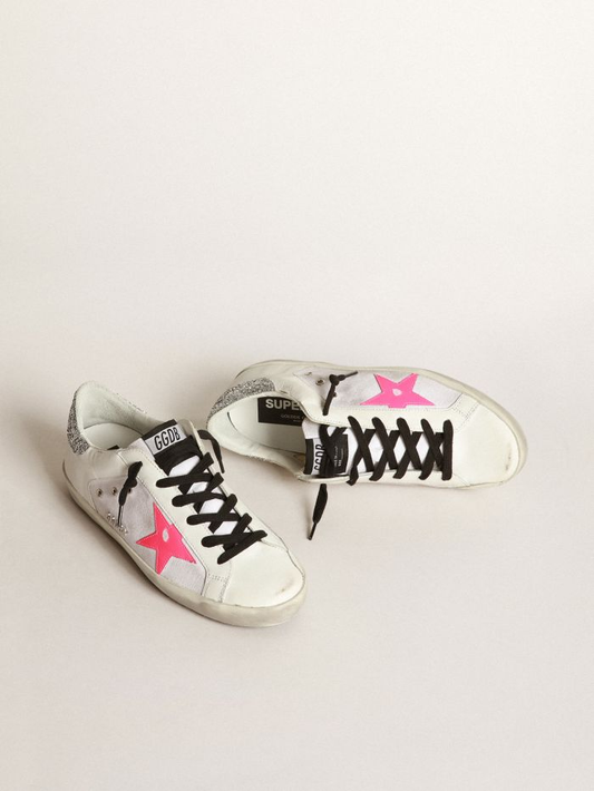Super-star Sneakers In White Leather And Canvas With Shocking-pink Leather Star And Silver Glitter