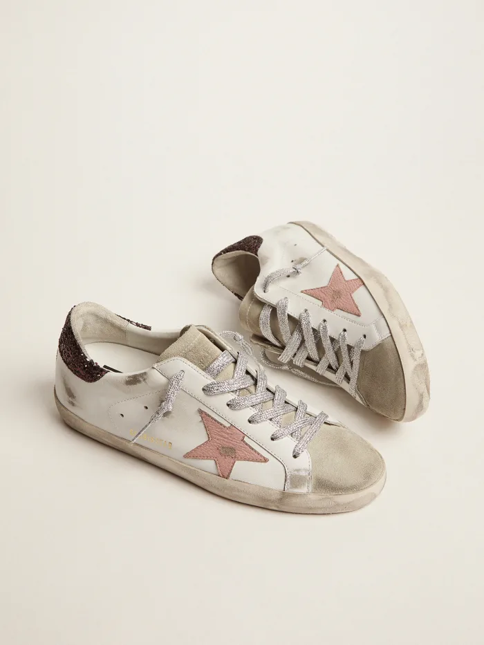 Super-star Sneakers With Brown Glitter Heel Tab And Pink Crackled Leather Star