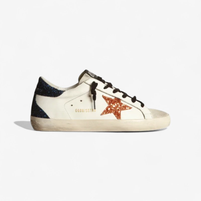 Super-star Sneakers With Peach-pink Glitter Star And Blue Glitter Heel Tab