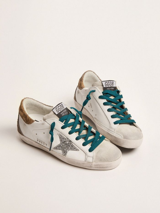 Super-star Sneakers With Silver Glitter Star And Leopard-print Suede Heel Tab