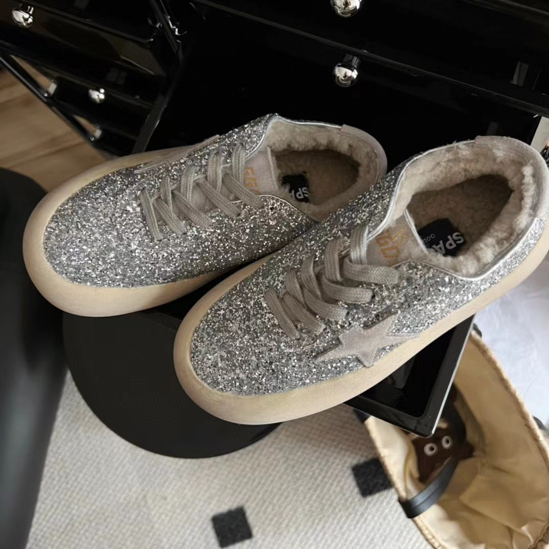 Women's Space-star Shoes In Silver Glitter With Shearling Lining