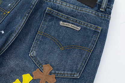 CHROME HEARTS PAINT DRIP CROSS PATCH JEANS DENIM