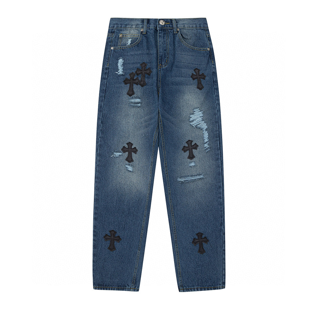 CHROME HEARTS BLACK CROSS PATCH JEANS DENIM