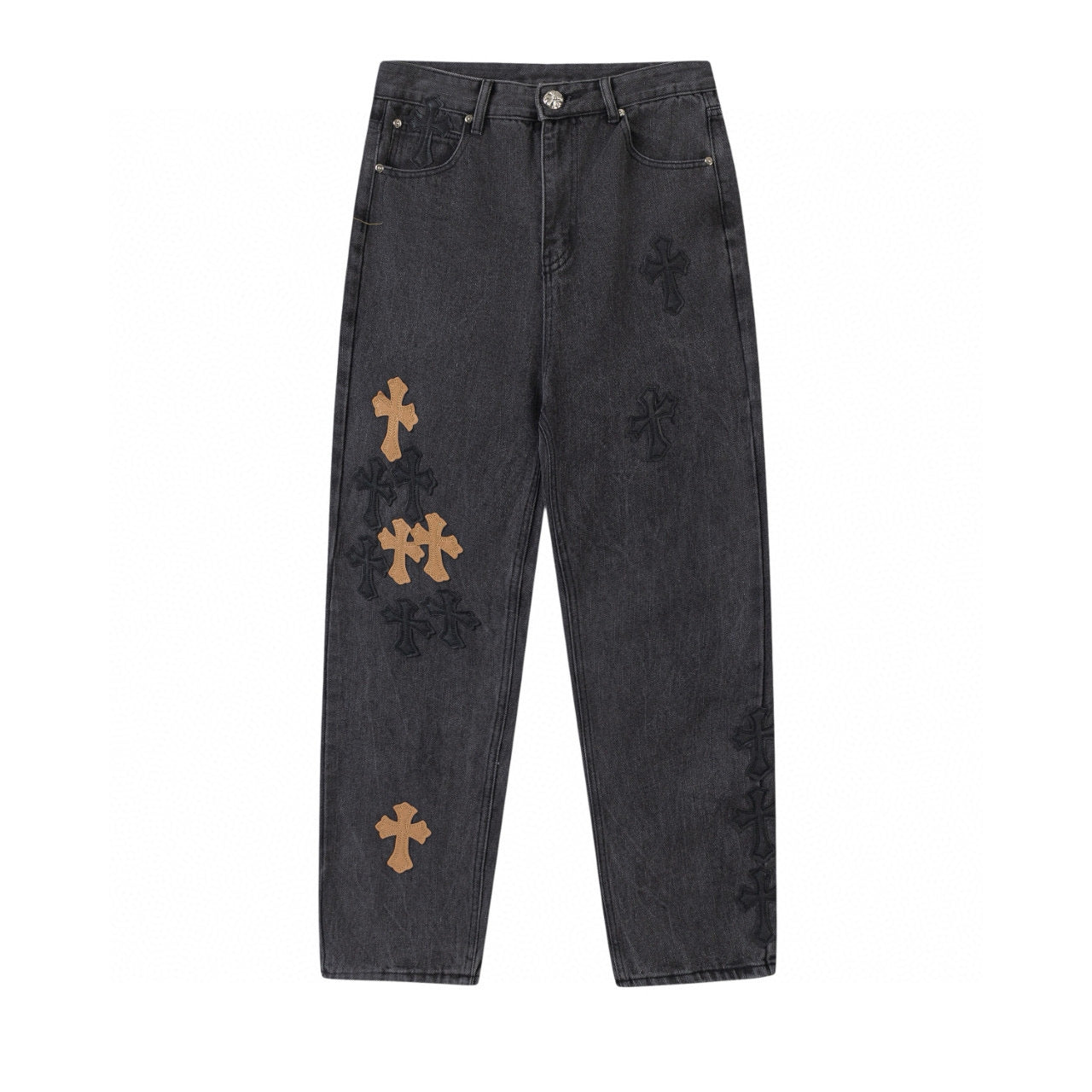 CHROME HEARTS BROWN CROSS PATCH JEANS BLACK