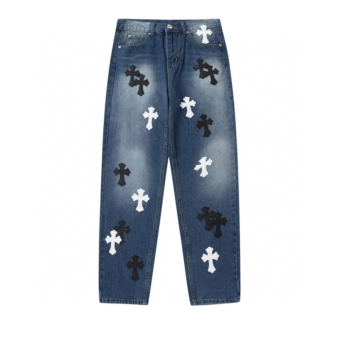 CHROME HEARTS WHITE BLACK CROSS PATCH JEANS DENIM