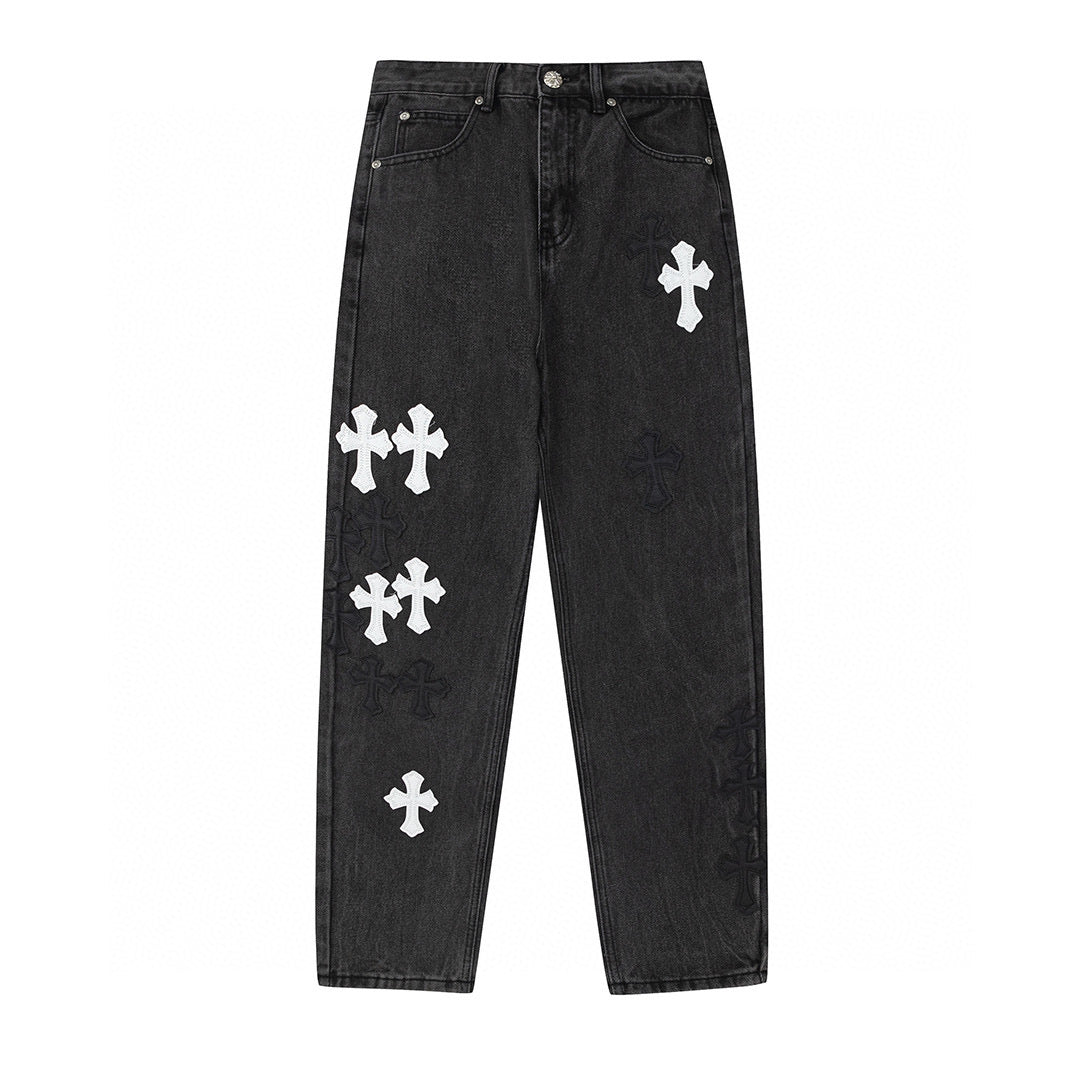 CHROME HEARTS WHITE CROSS PATCH JEANS BLACK