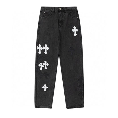 CHROME HEARTS WHITE CROSS PATCH JEANS BLACK