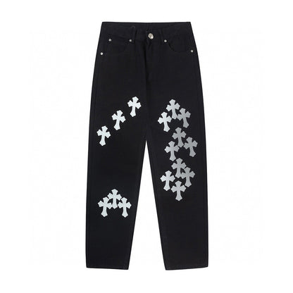 CHROME HEARTS WHITE YELLOW CROSS PATCH JEANS BLACK