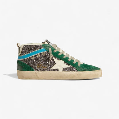 Golden Goose Mid Star Sneaker – Green Suede & Glitter Combo