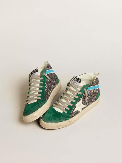 Golden Goose Mid Star Sneaker – Green Suede & Glitter Combo