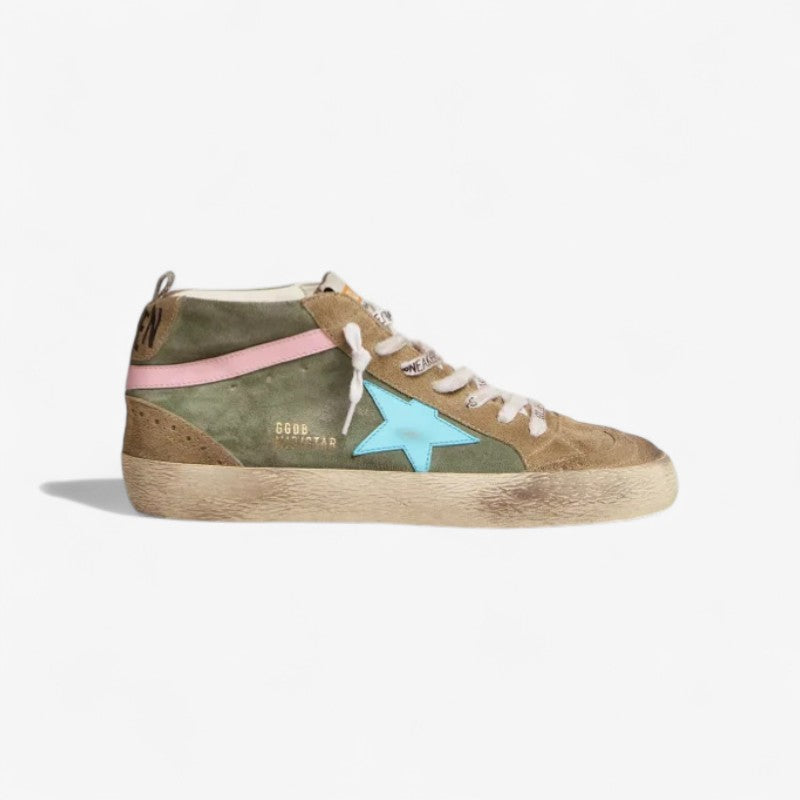 Mid Star Ltd Sneakers In Military Green Suede With Sky-blue Leather Star And Pink Leather Flash