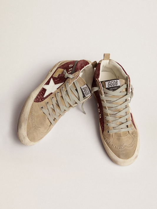 Mid Star Sneakers In Burgundy Glitter With Dove-gray Suede Inserts And White Leather Star