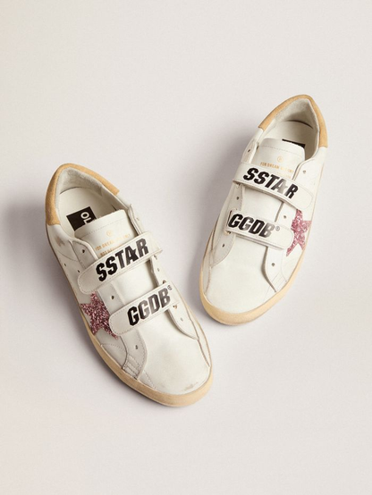 Old School Sneakers With Pink Glitter Star And Sand-colored Suede Heel Tab