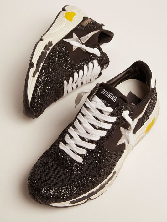Running Sole Sneakers In Black Nylon And Glitter With Silver Laminated Leather Star