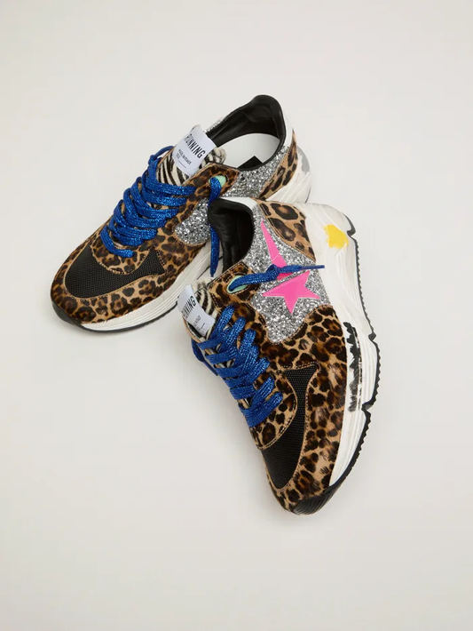 Running Sole Sneakers In Leopard-print Pony Skin With Glitter Inserts