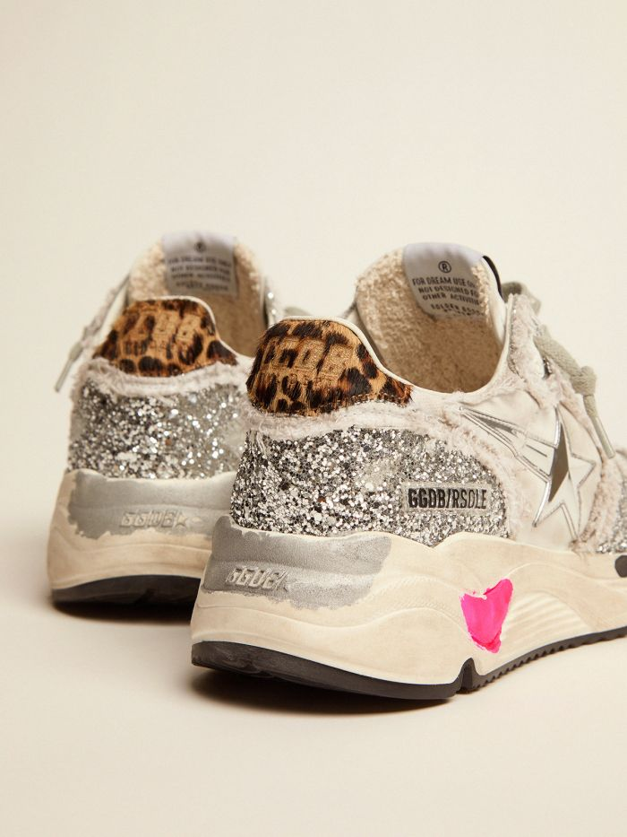 Running Sole Sneakers In Nylon And Silver Glitter With Leopard-print Pony Skin Heel Tab
