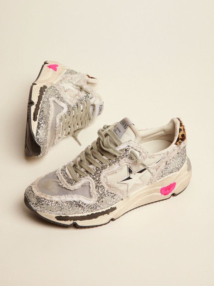 Running Sole Sneakers In Nylon And Silver Glitter With Leopard-print Pony Skin Heel Tab