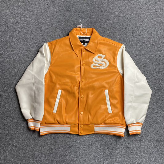 SP5DER LEATHER VARSITY JACKET ORANGE