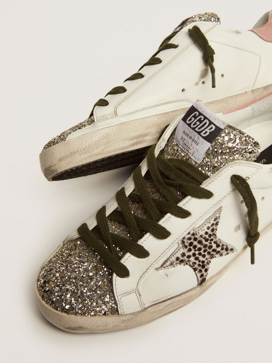 Super-star Ltd Sneakers With Silver Glitter And Animal-print Pony Skin Star