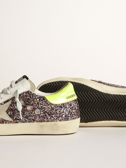 Super-star Sneakers In Gray And Pink Glitter With Ice-gray Suede Star And Fluorescent Yellow Leather