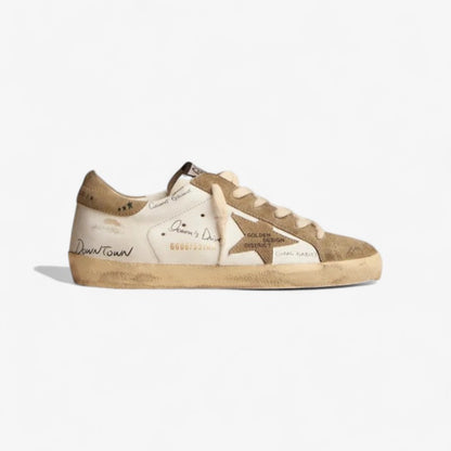 Super-star Sneakers In White Leather With Dove-gray Suede Inserts And All-over Black Lettering