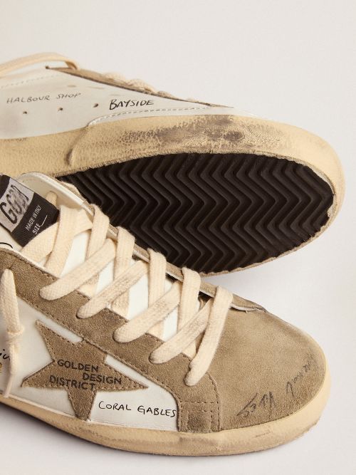 Super-star Sneakers In White Leather With Dove-gray Suede Inserts And All-over Black Lettering