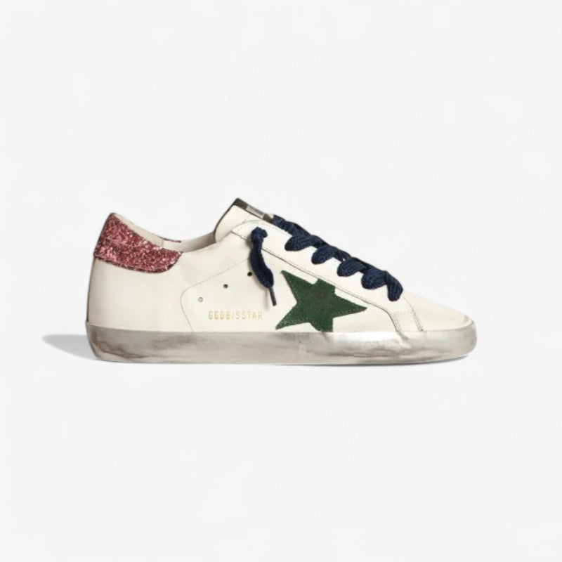 Super-star Sneakers With Green Suede Star And Pink Glitter Heel Tab