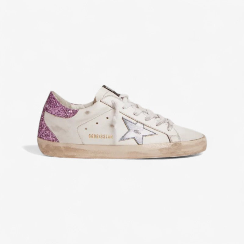 Super-star Sneakers With Lavender Glitter Heel Tab And Light-blue Metallic Leather Star