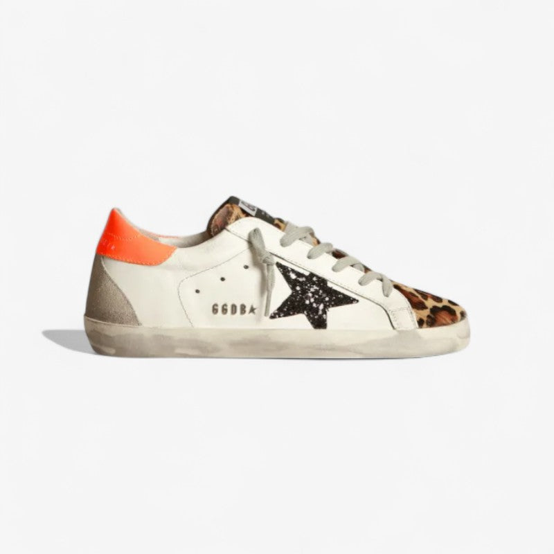 Super-star Sneakers With Leopard-print Insert, Glittery Star And Orange Heel Tab