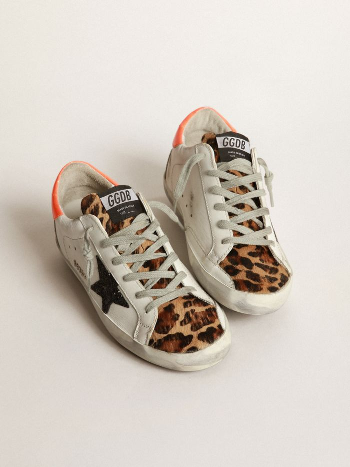 Super-star Sneakers With Leopard-print Insert, Glittery Star And Orange Heel Tab