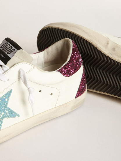 Super-star Sneakers With Light Blue Glitter Star And Purple Glitter Heel Tab