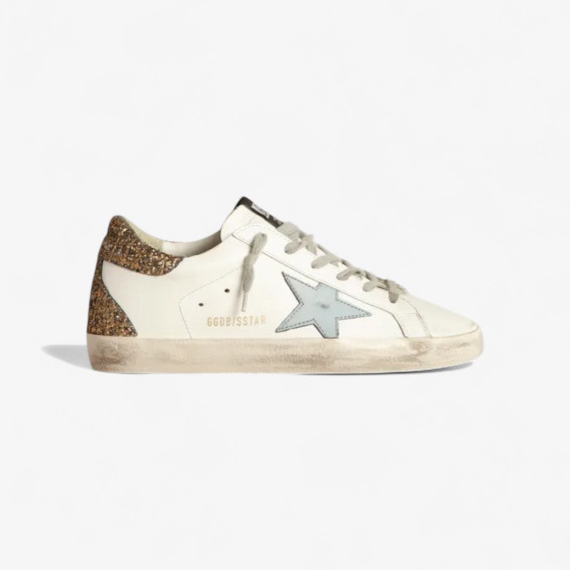 Super-star Sneakers With Light Blue Leather Star And Gold Glitter Crocodile-print Heel Tab