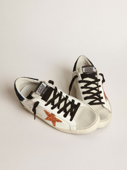 Super-star Sneakers With Peach-pink Glitter Star And Blue Glitter Heel Tab