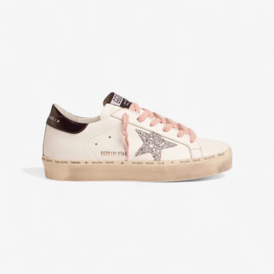White Hi-star Sneakers With Glittery Star And Pink Laces