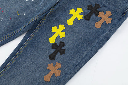 CHROME HEARTS PAINT DRIP CROSS PATCH JEANS DENIM