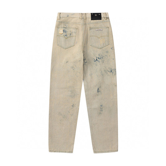 CHROME HEARTS ORANGE BROWN CROSS PATCH JEANS BEIGE